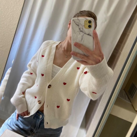Red Hearts on Cream Knit Cardigan Oversized Long Sleeve Buttons Embroidered - Picture 11 of 15